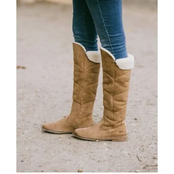 UGG Boots Womens 8.5 Samantha Chestnut Brown Shearling Suede Knee Tall 1008706